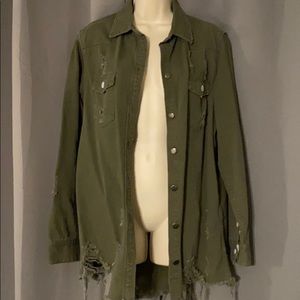 Distressed long jean jacket